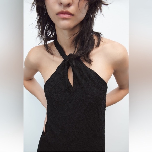 NWT Zara Jacquard Halter Knit Mini Dress in Black Size M - Picture 4 of 11